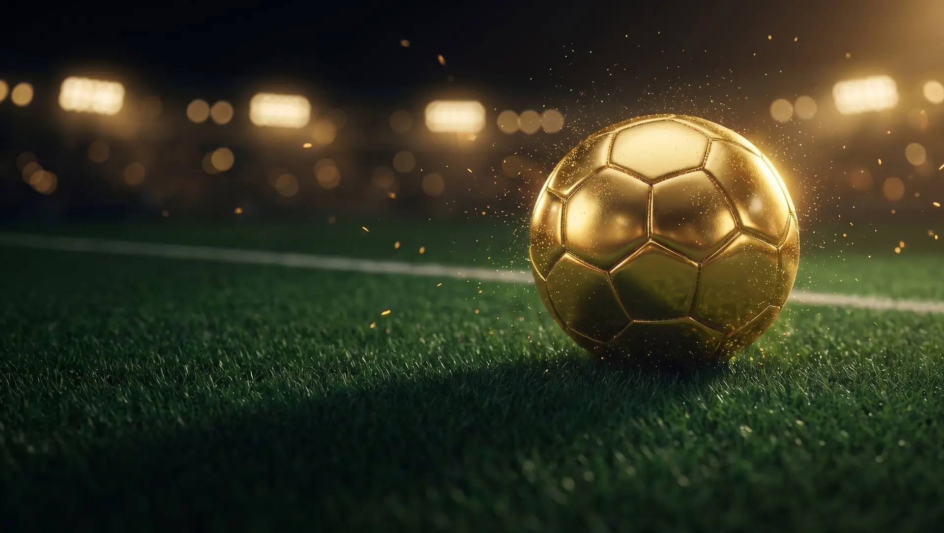 A gold football on a floodlit football pitch at night