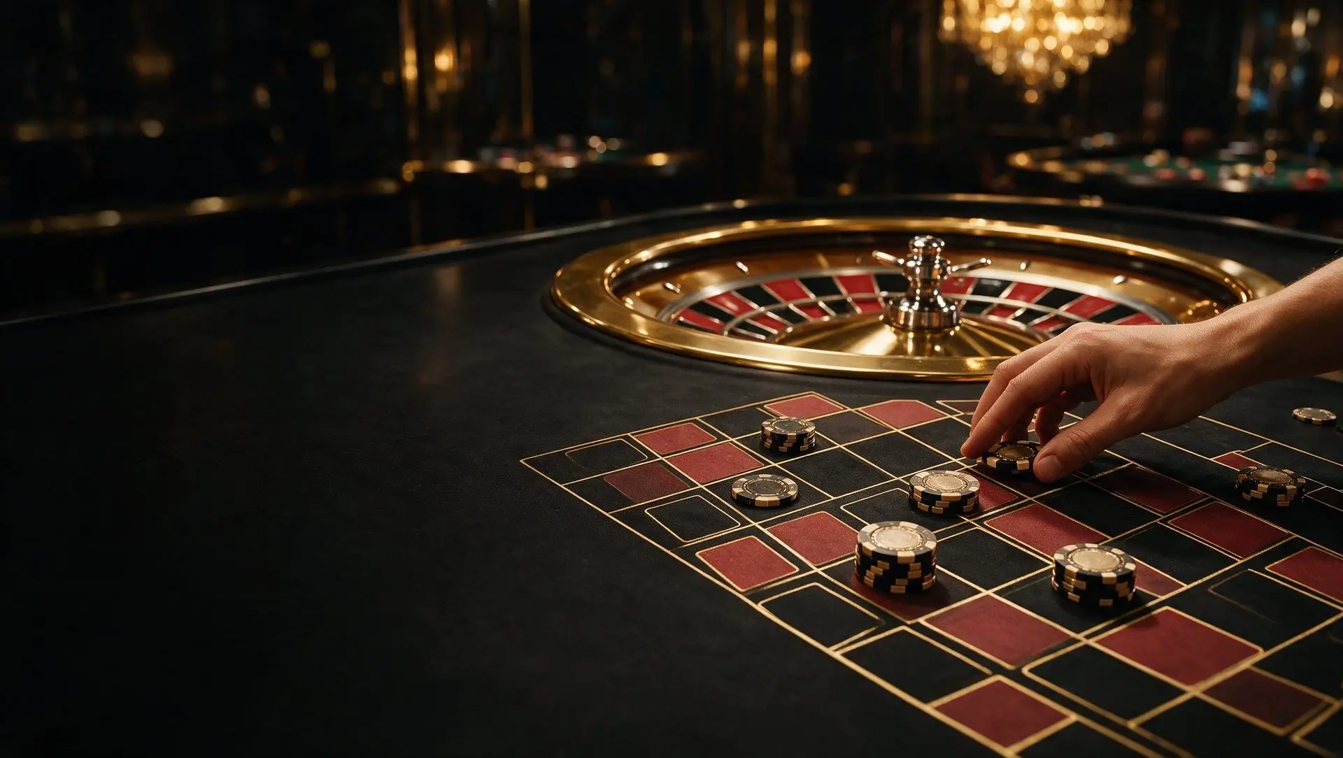 A player's hand placing chips on a roulette table in a dark casino room lit in gold