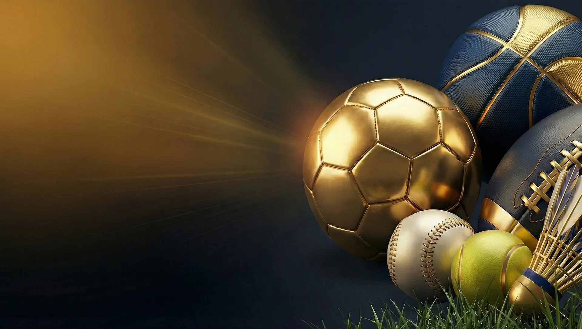 A gold football, basketball and tennis ball lit in gold on a dark background