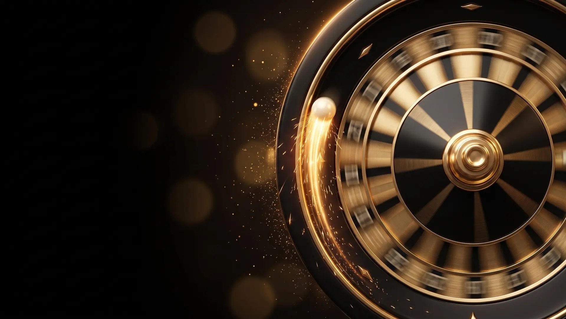 Golden casino wheel glowing against a dark background with flecks of gold light
