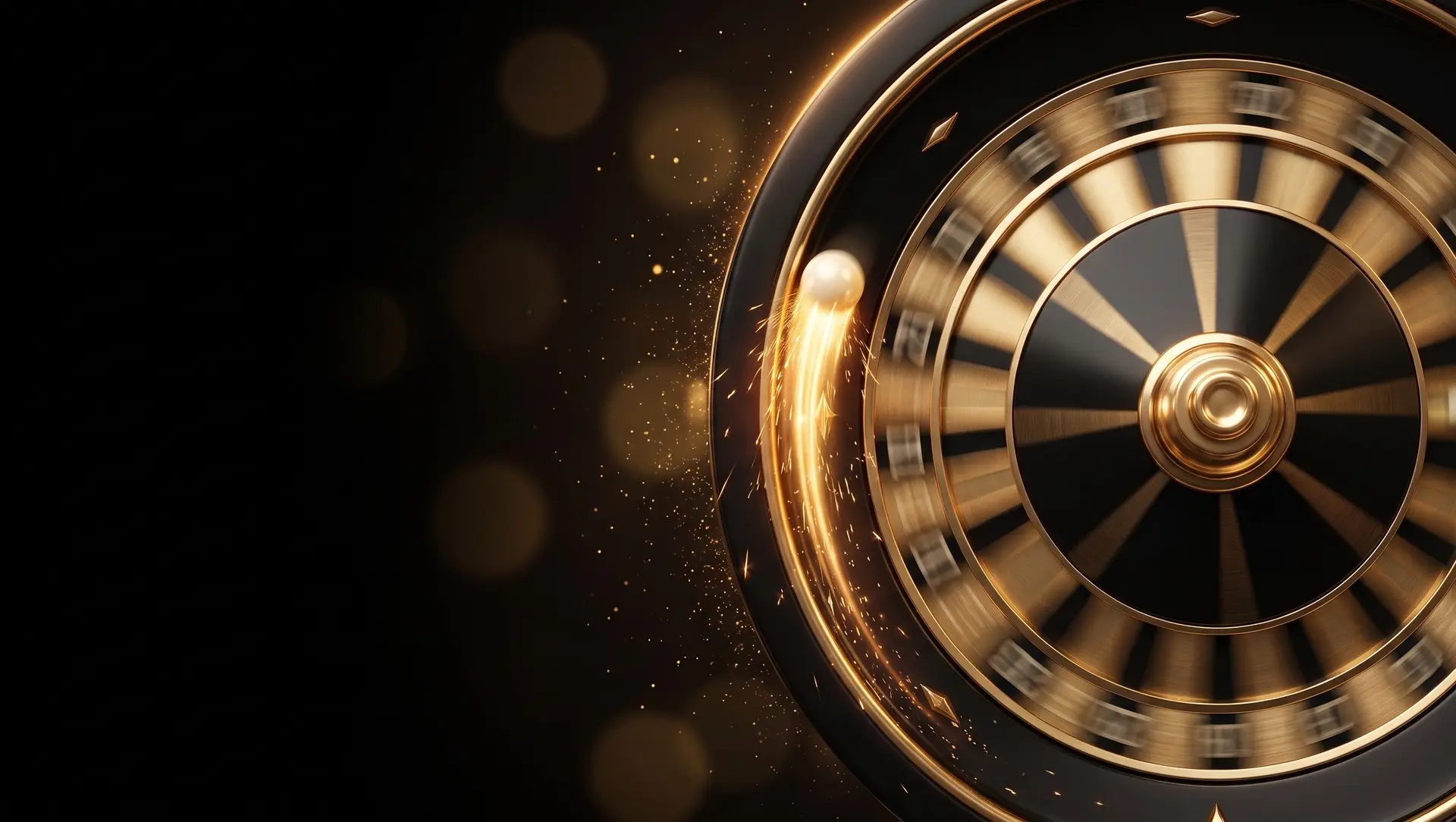 Golden casino wheel glowing against a dark background with flecks of gold light