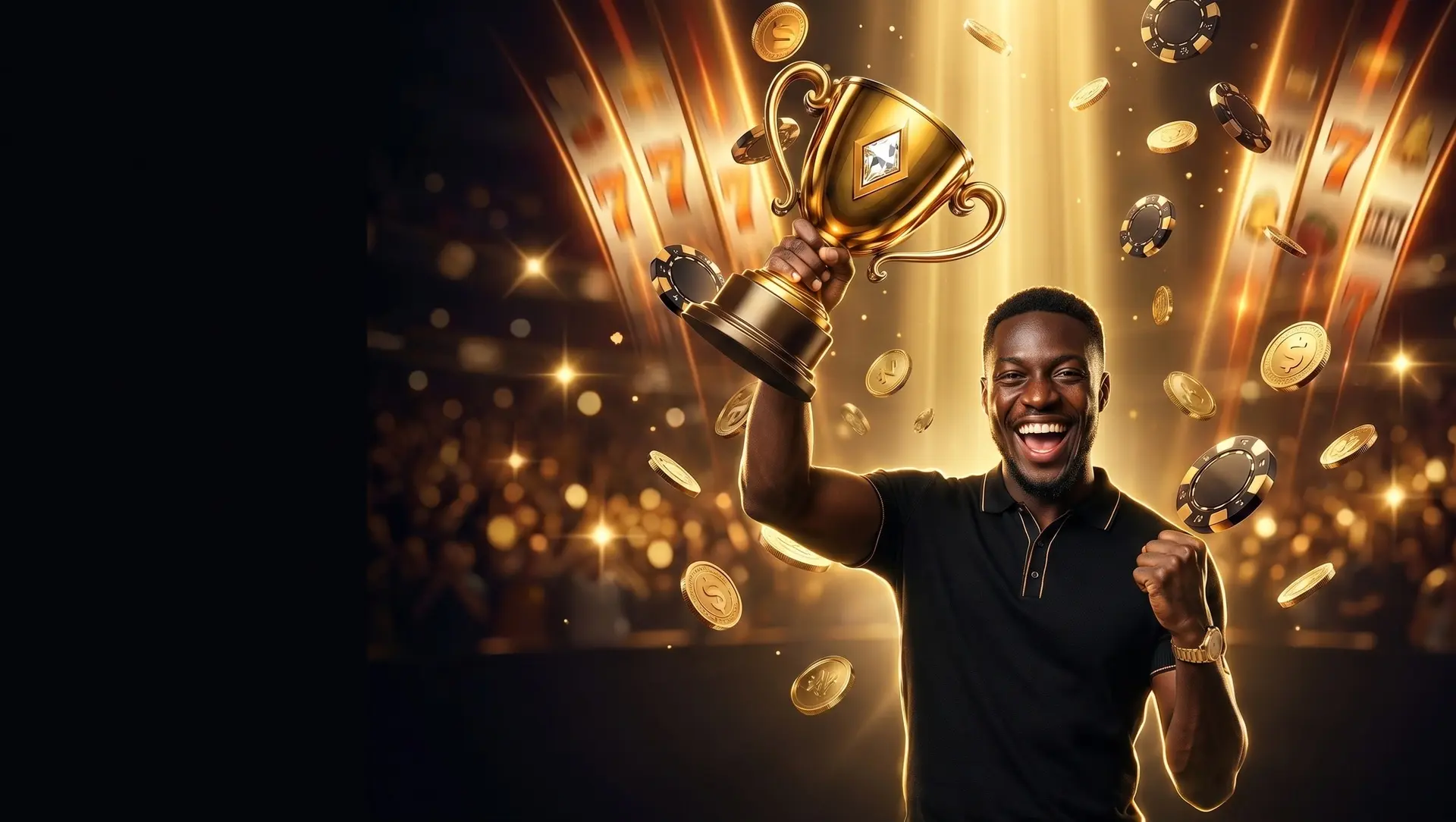 Smiling man raising a gold trophy in gold light with coins and chips flying around him