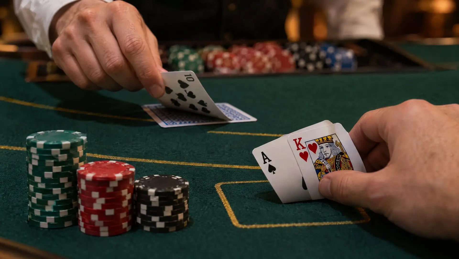 A blackjack hand of an ace and a king beside stacks of chips as the dealer turns a card