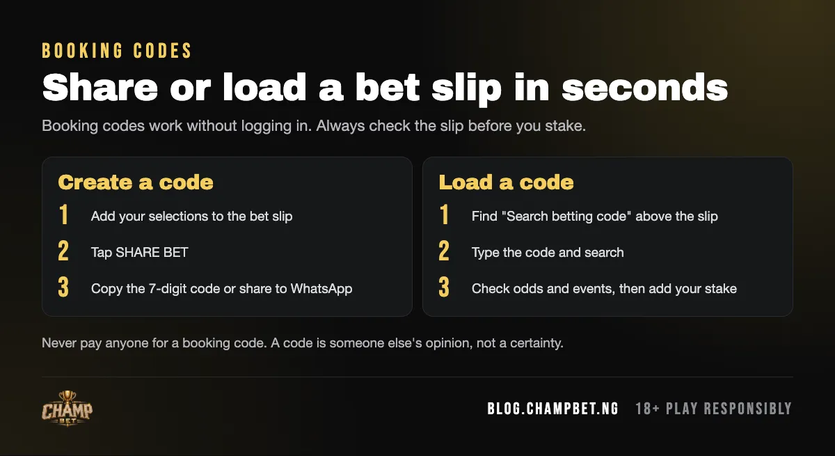 How to create and load a ChampBet booking code: add selections, tap SHARE BET and copy the 7-digit code, or type a code into Search betting code