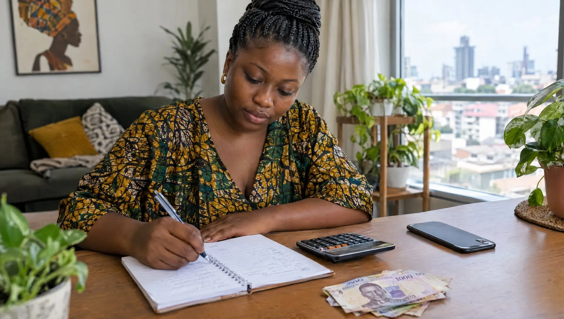A Nigerian woman writing a monthly budget in a notebook with a calculator and naira notes