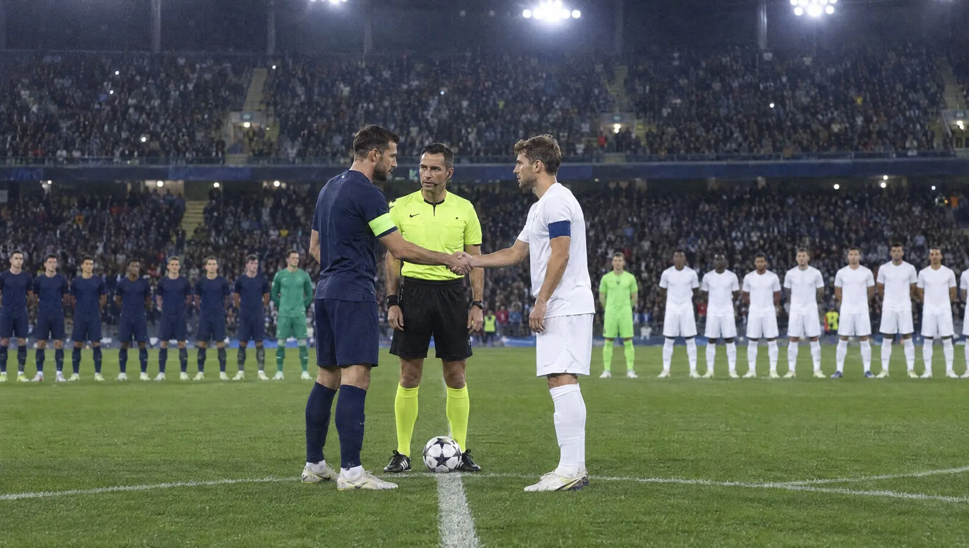 Two captains shaking hands with the referee at the centre circle before a floodlit European night match