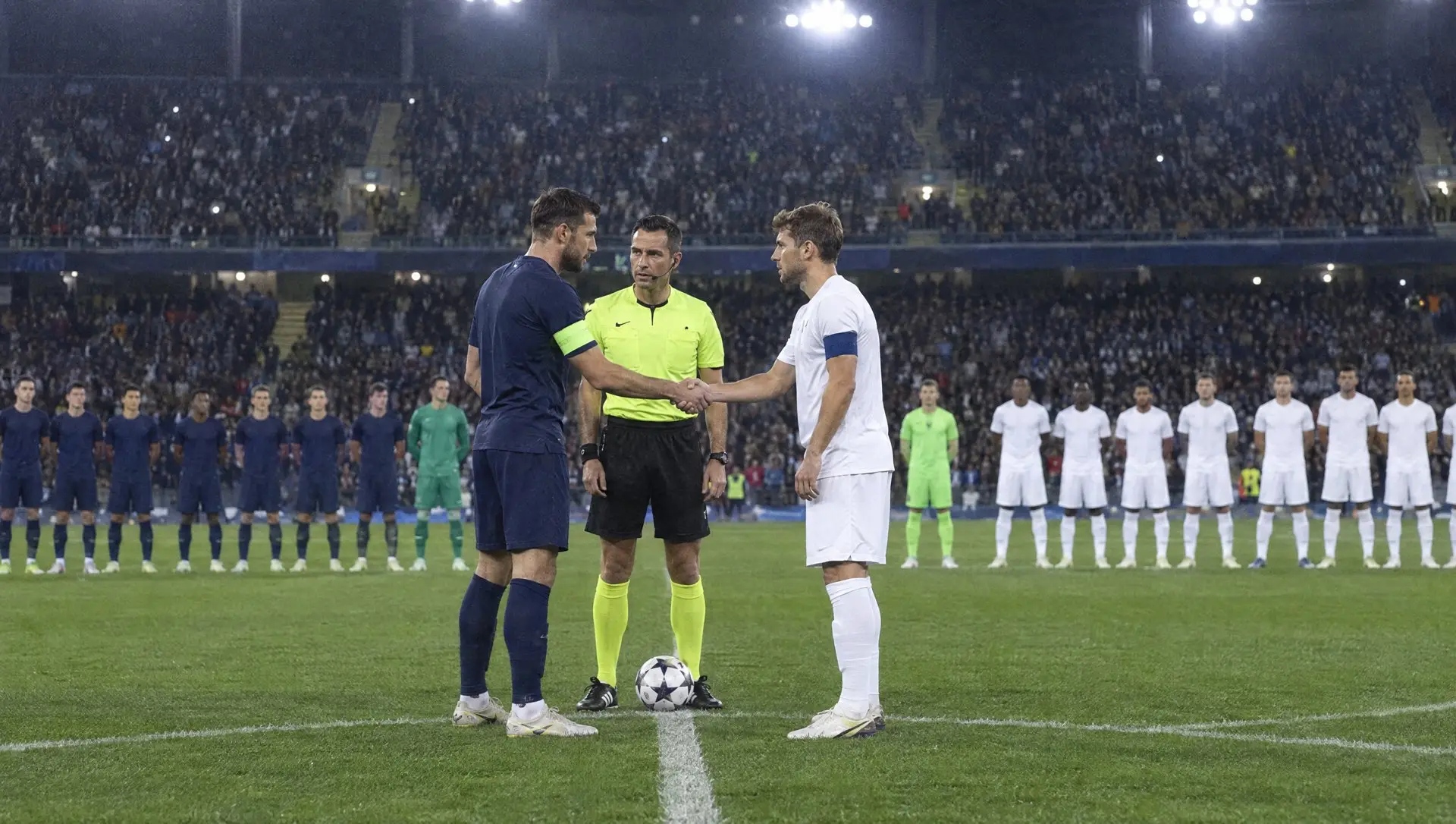 Two captains shaking hands with the referee at the centre circle before a floodlit European night match