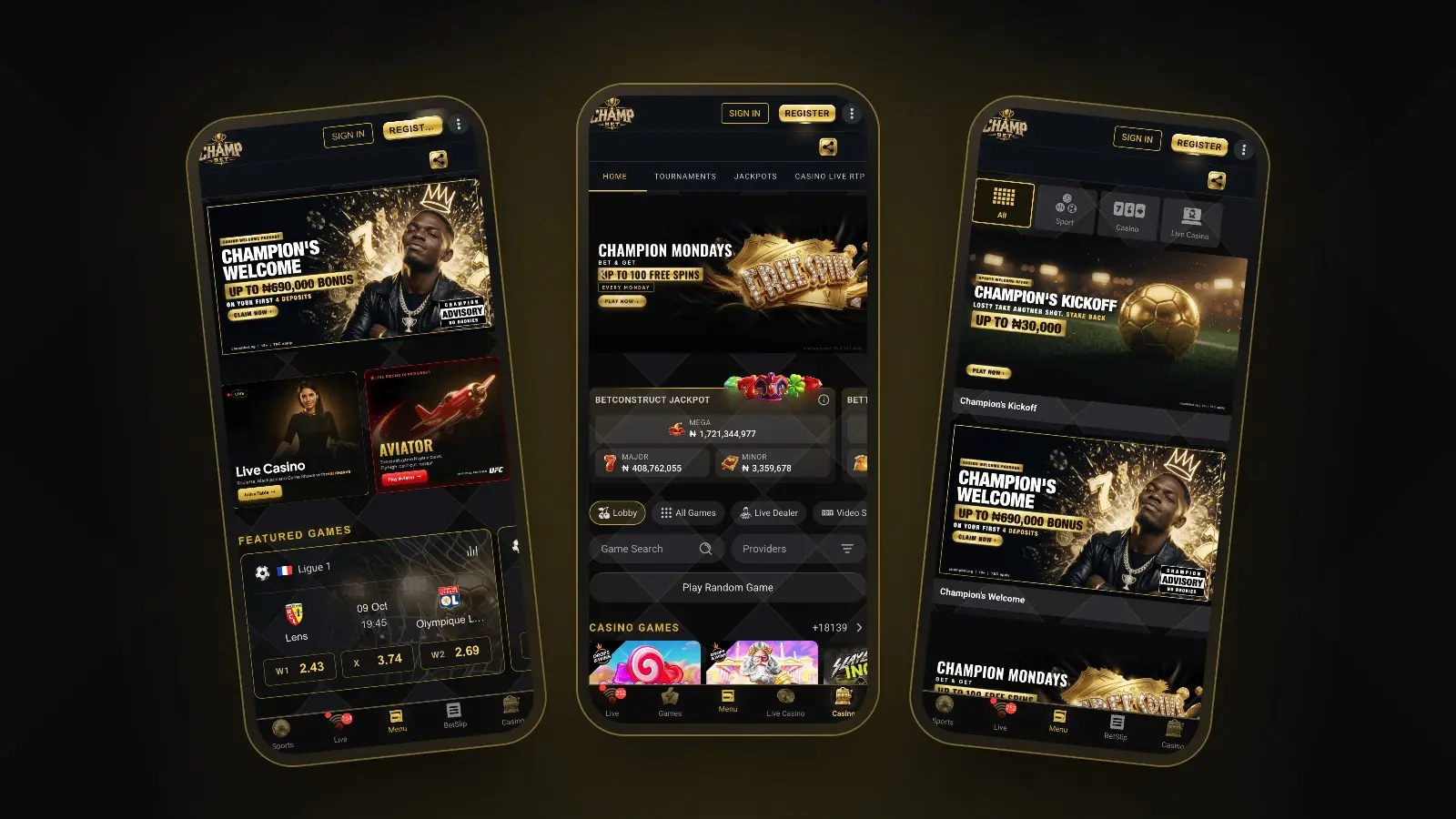 Three phones showing the ChampBet mobile site: homepage, casino lobby and promotions