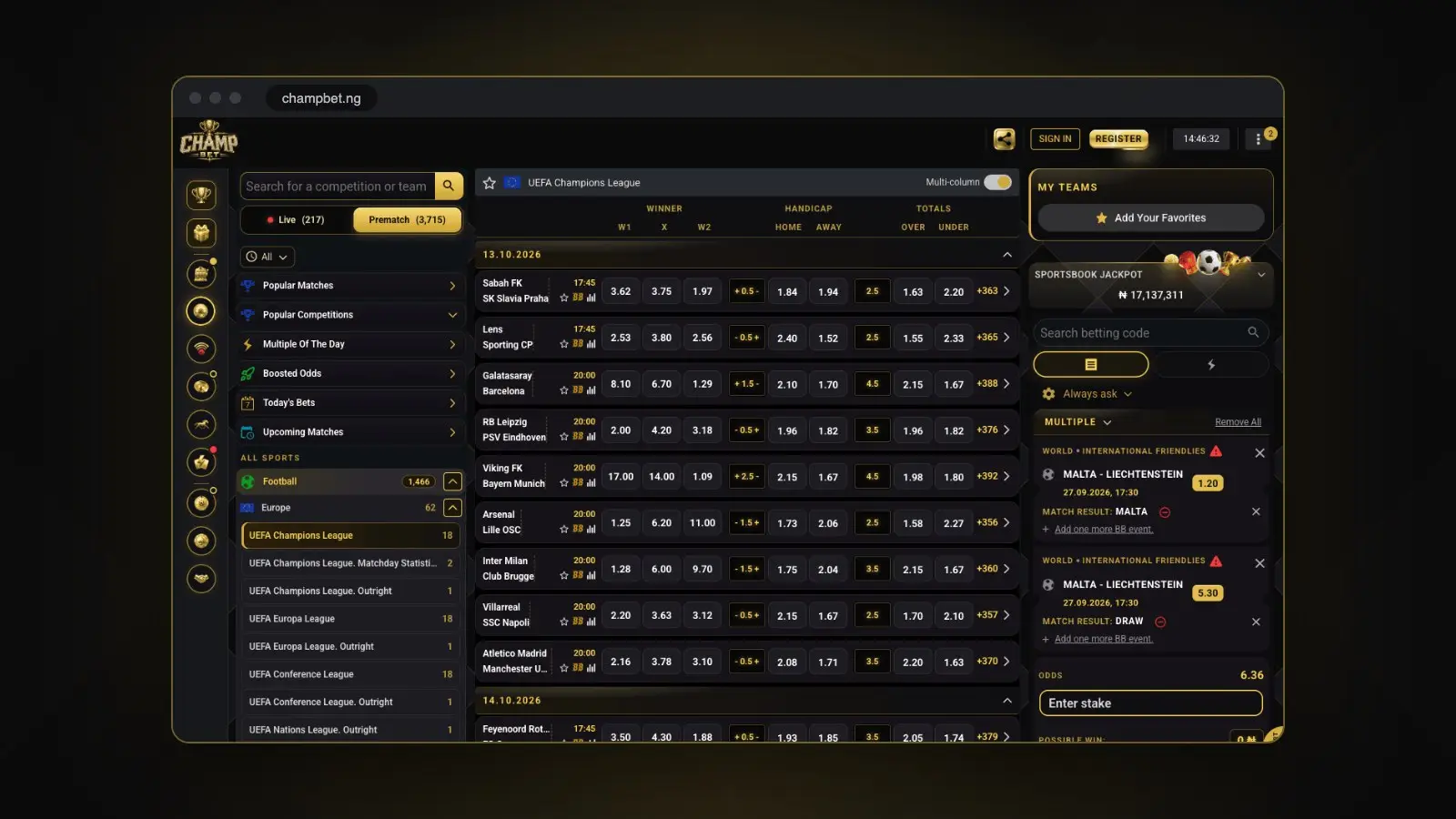 The ChampBet sportsbook coupon with BB Bet Builder icons, shown in a browser window