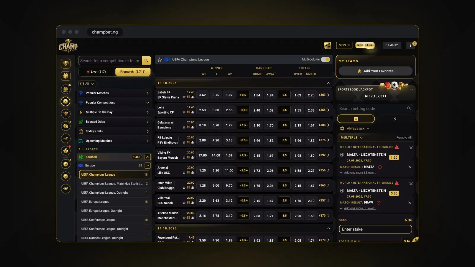 The ChampBet sportsbook coupon with BB Bet Builder icons, shown in a browser window