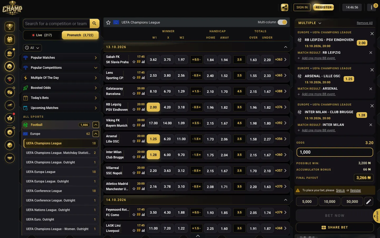 A three-selection multiple in the ChampBet bet slip: odds 3.20, ₦1,000 stake, possible win ₦3,200 plus an ₦66 accumulator bonus