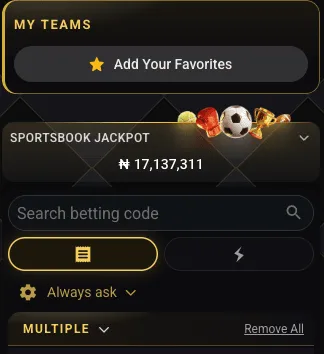 The Search betting code box above the ChampBet bet slip, with the Always ask odds setting below it