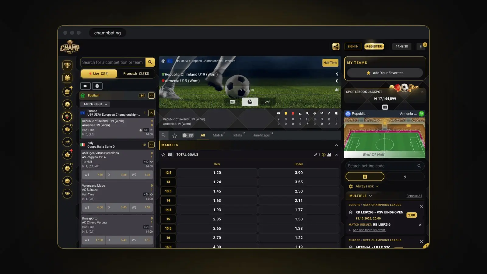 A ChampBet live betting page with markets and the bet slip, shown in a browser window