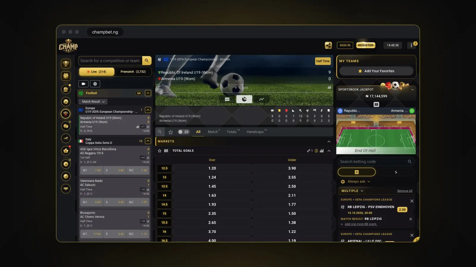 A ChampBet live betting page with markets and the bet slip, shown in a browser window