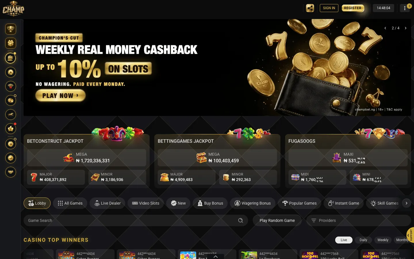 ChampBet casino lobby with the BetConstruct, BettingGames and Fugaso jackpot boxes under the main banner