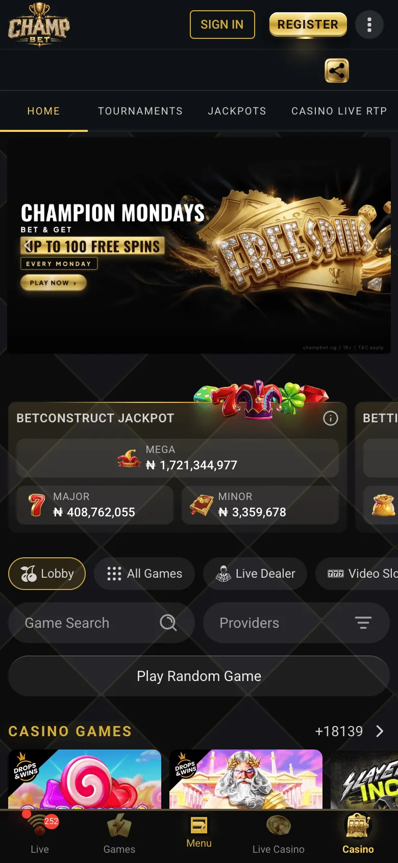 ChampBet mobile casino lobby with jackpots, game filters, Game Search and the casino bottom bar