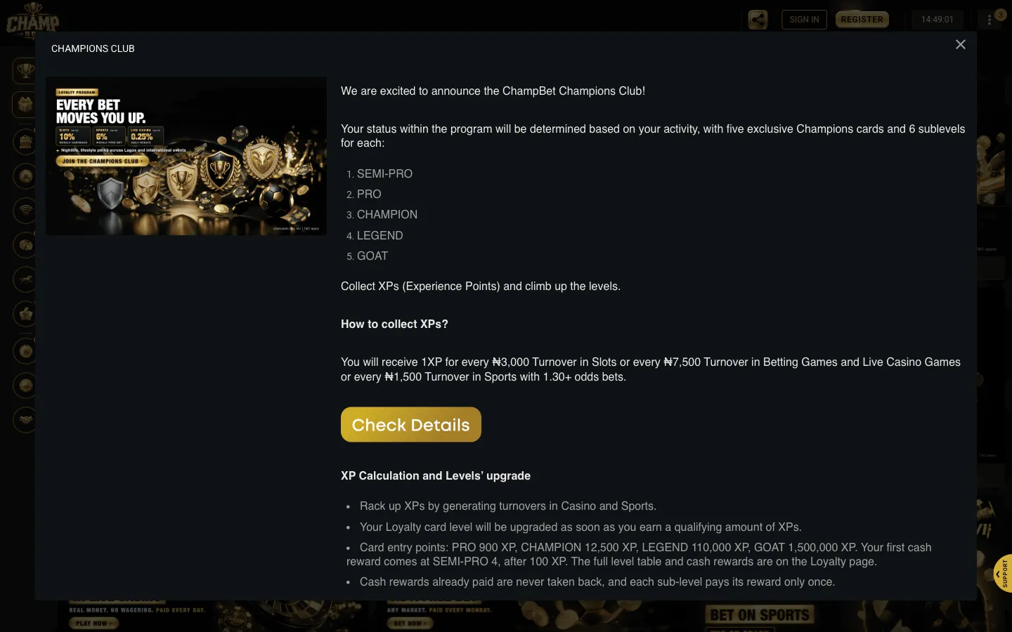 ChampBet Champions Club promotion page listing the five cards and the XP earning rates