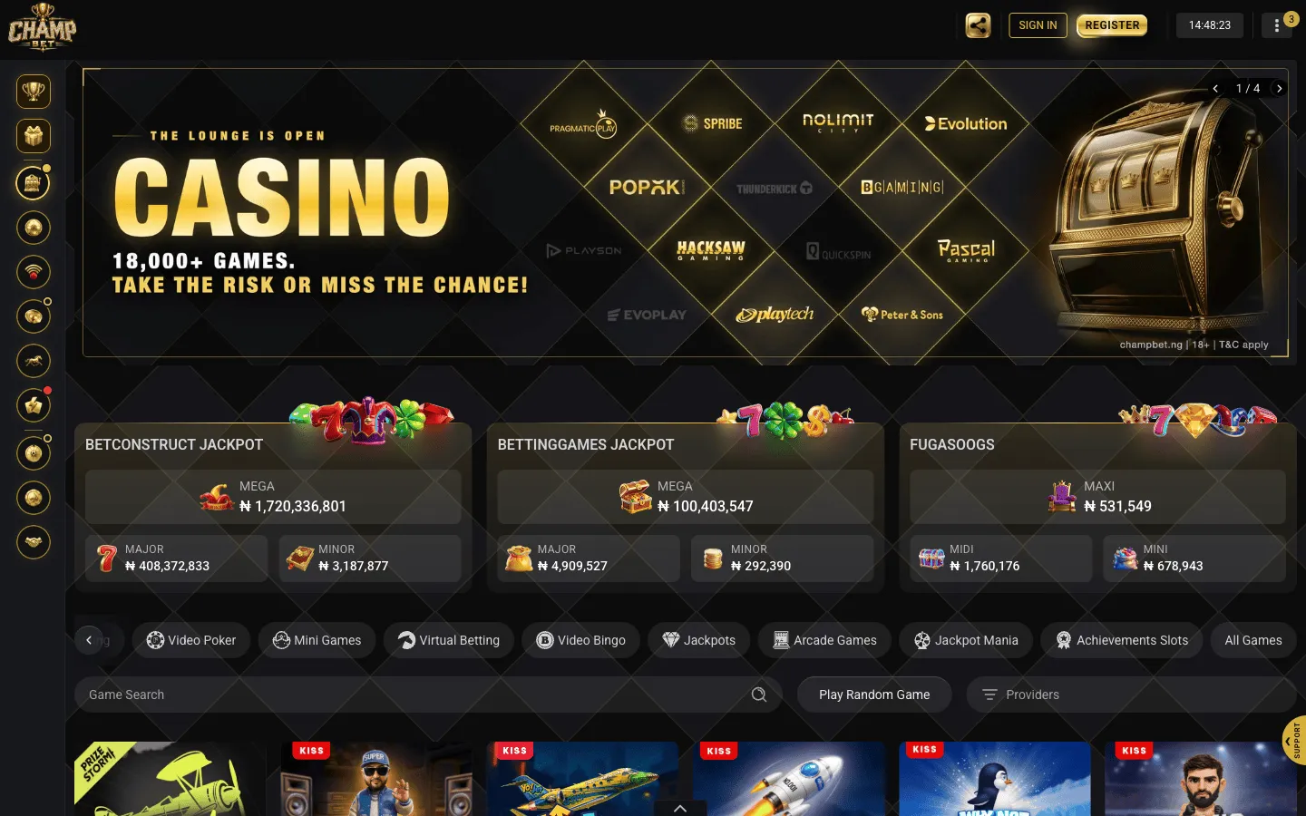 ChampBet crash games category on desktop with the provider banner, jackpot panels and game tiles