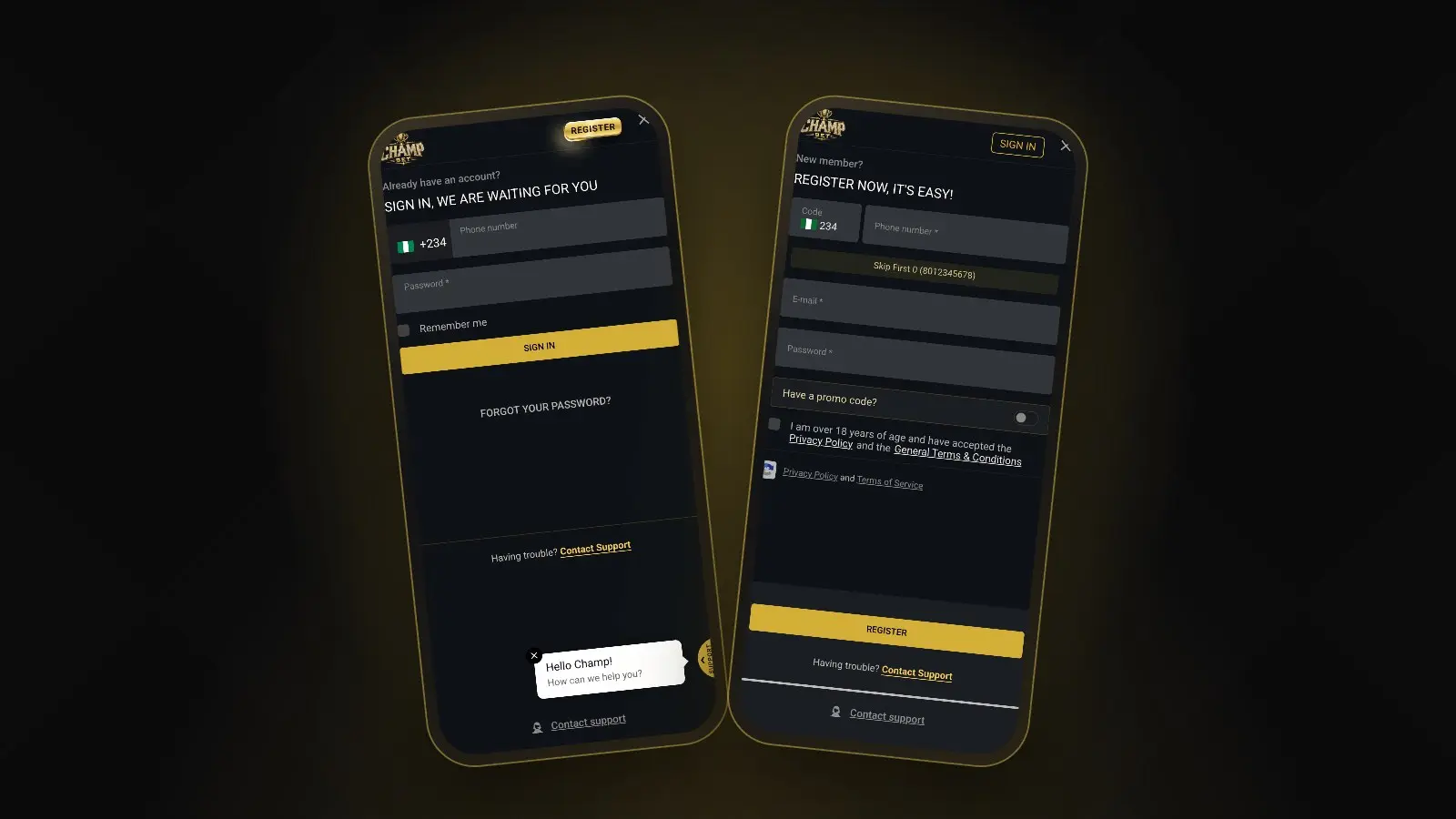 ChampBet sign-in and registration screens on two phones, with the Hello Champ live chat bubble and Contact support link
