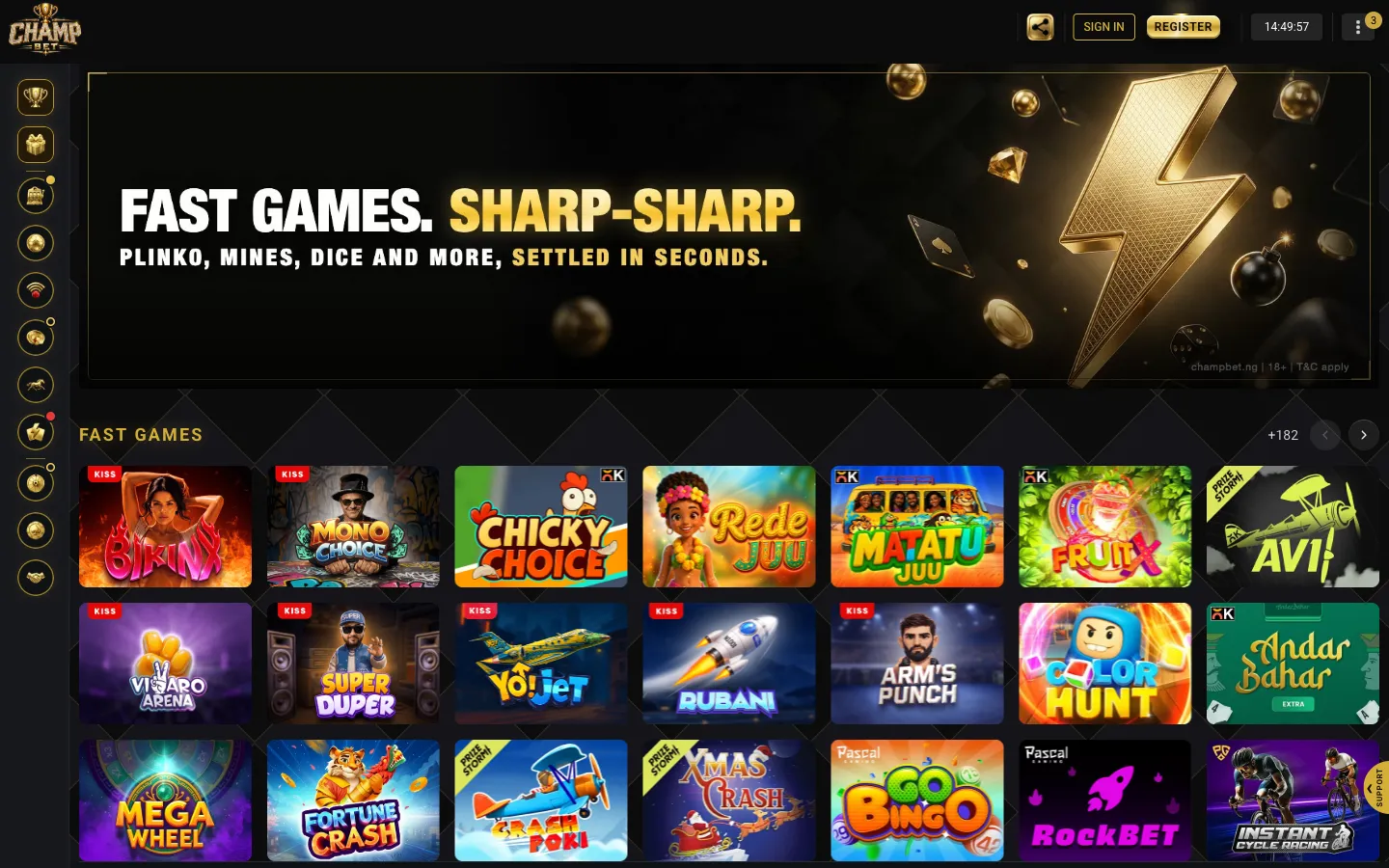 ChampBet Fast Games page on desktop with the Sharp-Sharp banner and rows of game tiles