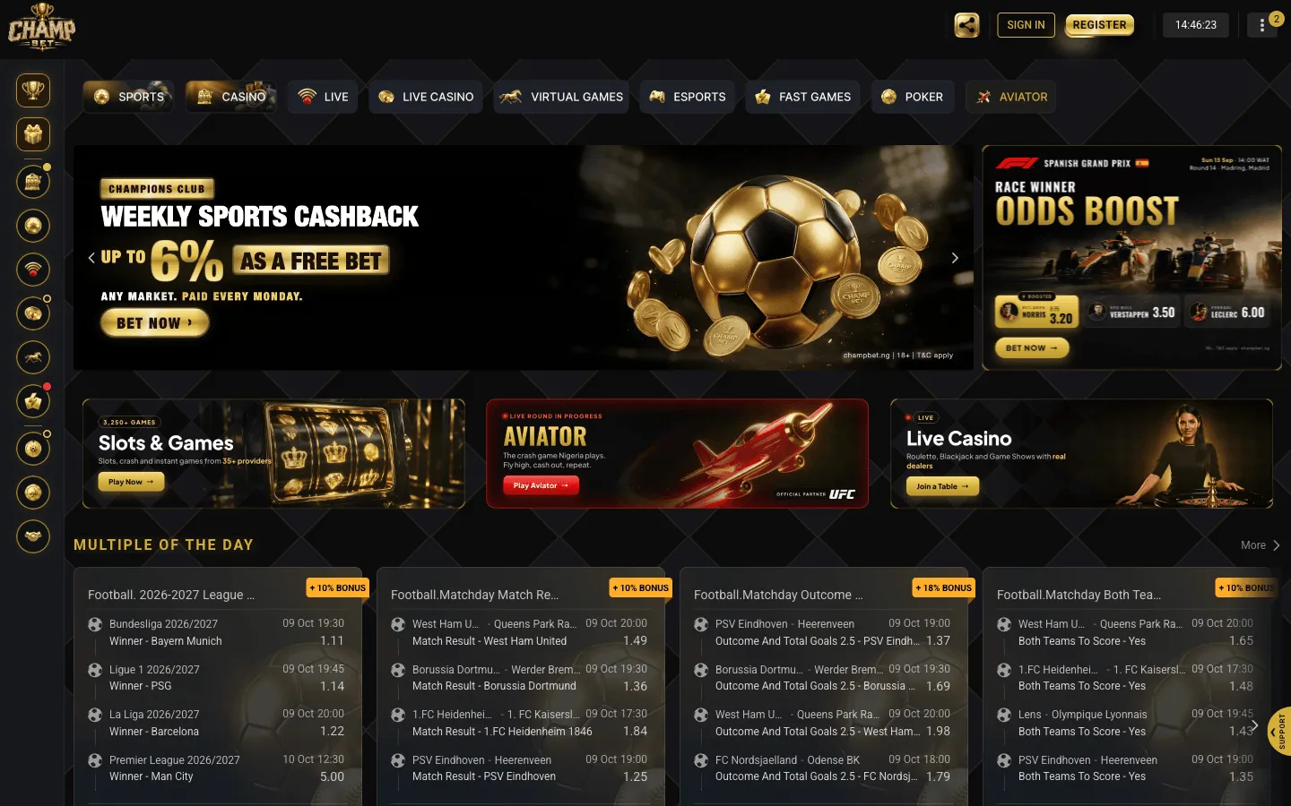 ChampBet homepage with the Weekly Sports Cashback banner offering up to 6% as a free bet, paid every Monday