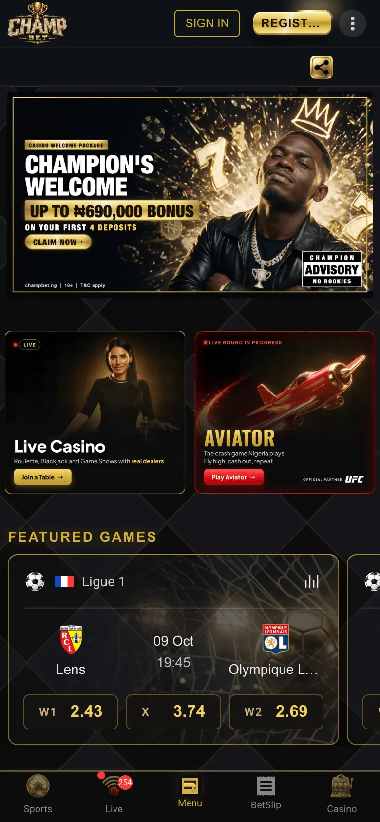 ChampBet mobile homepage with the Aviator tile and a Play Aviator button