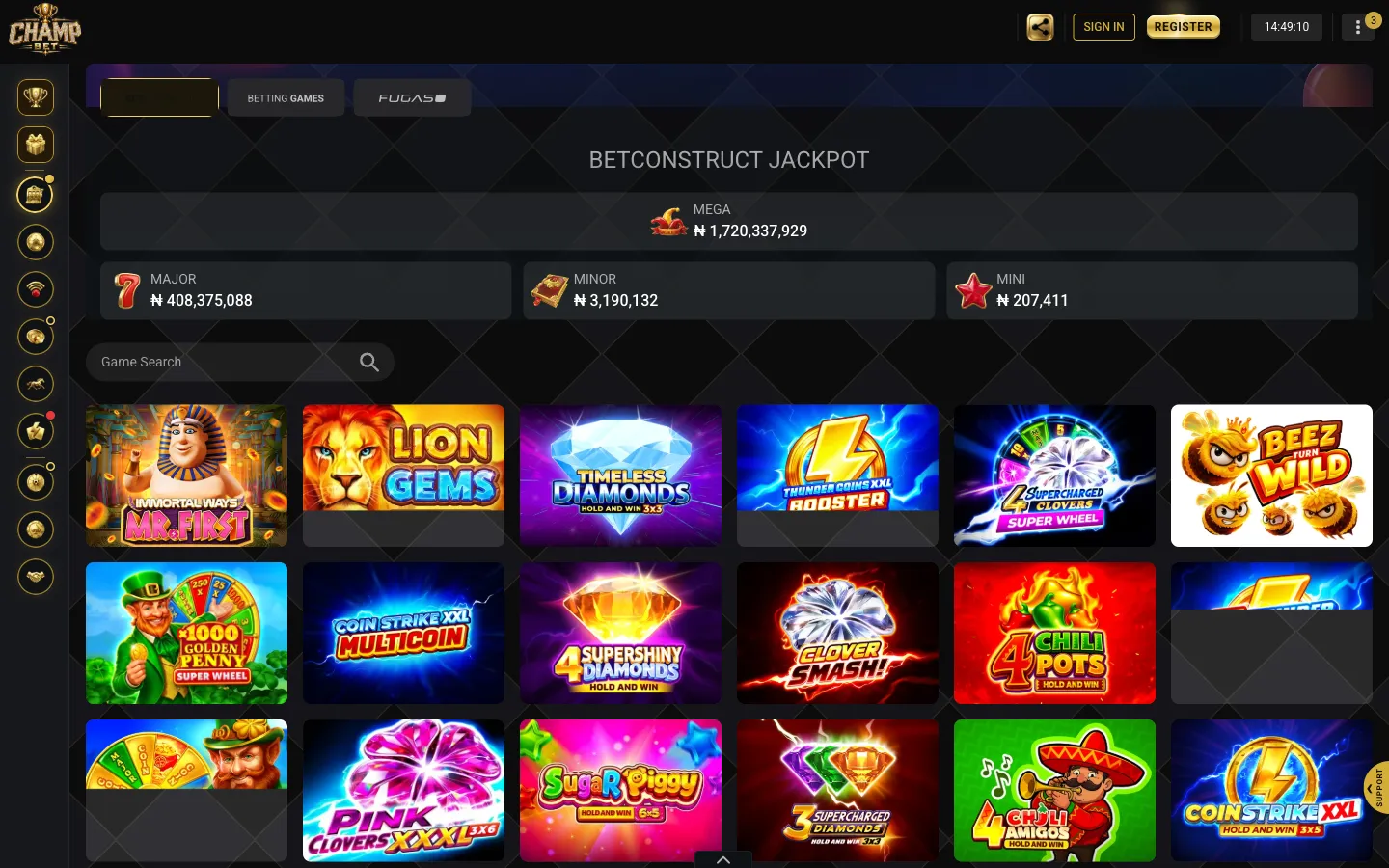ChampBet jackpot page showing the BetConstruct Jackpot Mega, Major, Minor and Mini counters above a grid of eligible games