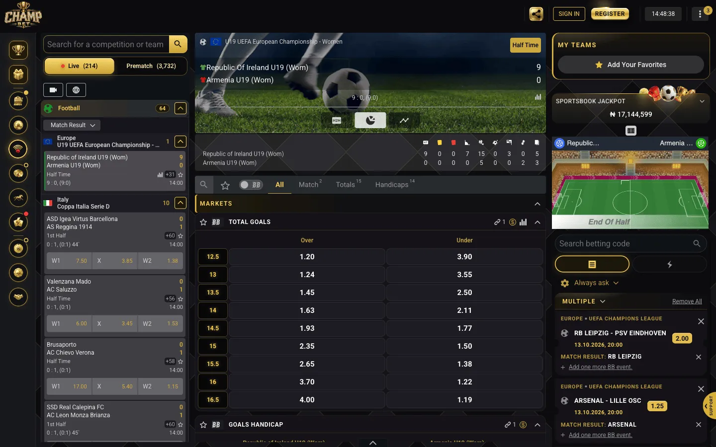 ChampBet live event page with BB labels on the Total Goals and Goals Handicap markets and a BB switch above the market list