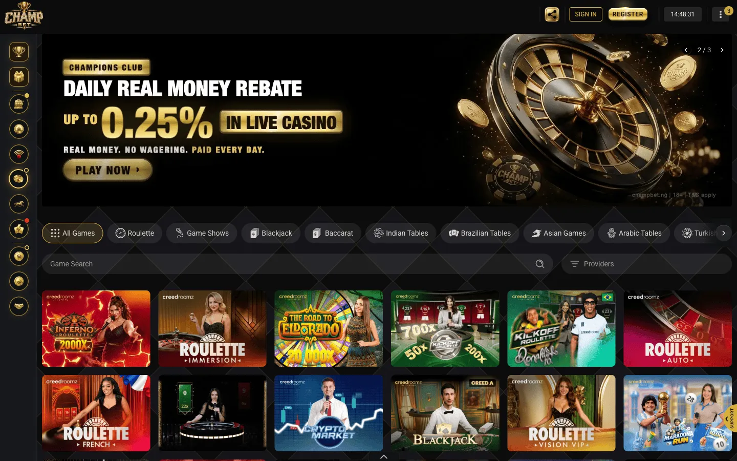 ChampBet live casino lobby with the daily real money rebate banner of up to 0.25% and roulette tables