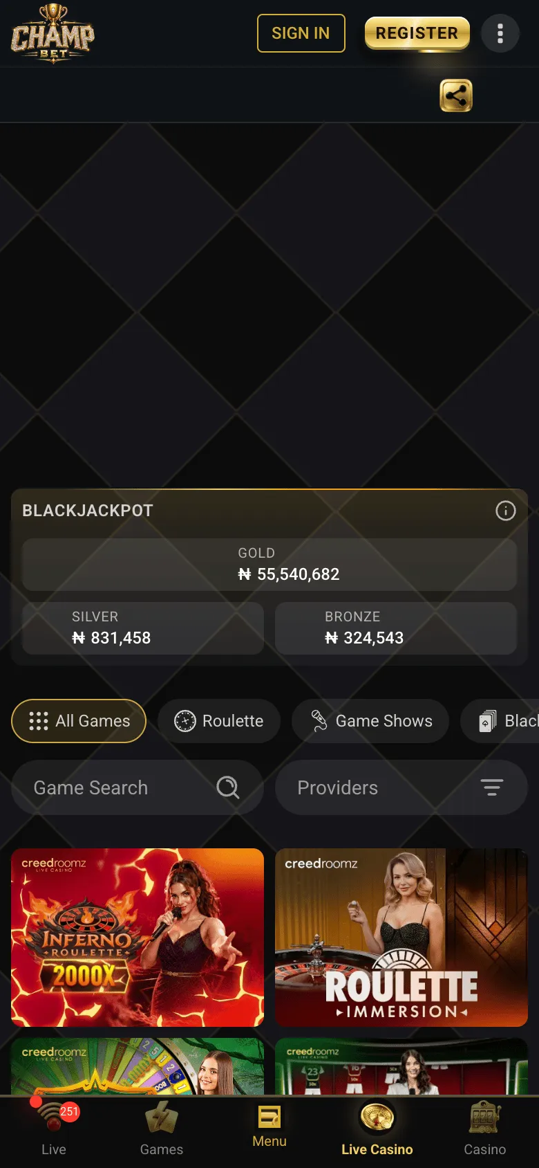 ChampBet live casino on a phone showing the rebate banner, Blackjackpot panel and game tabs