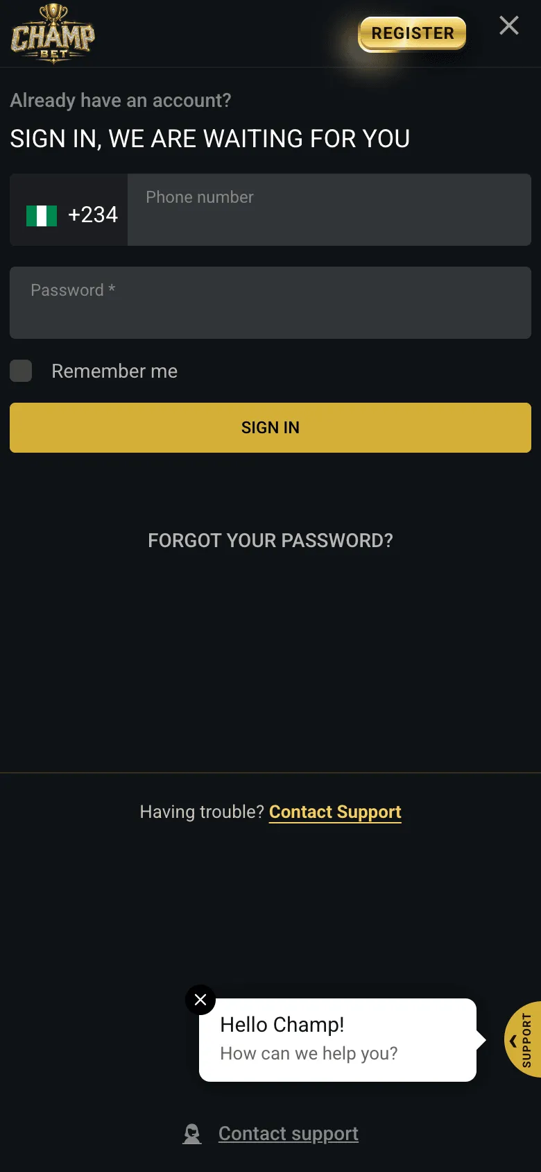 The ChampBet sign-in pop-up on mobile with the phone number and password fields, Remember me, FORGOT YOUR PASSWORD and Contact support