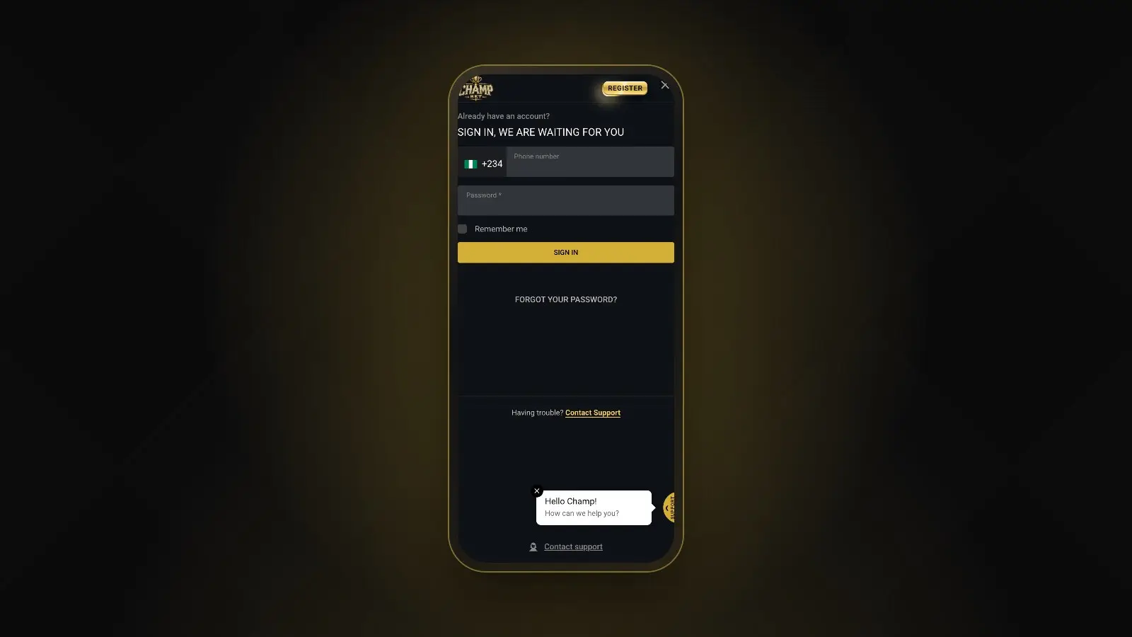 The ChampBet sign-in screen on a phone, with the +234 phone number and password fields