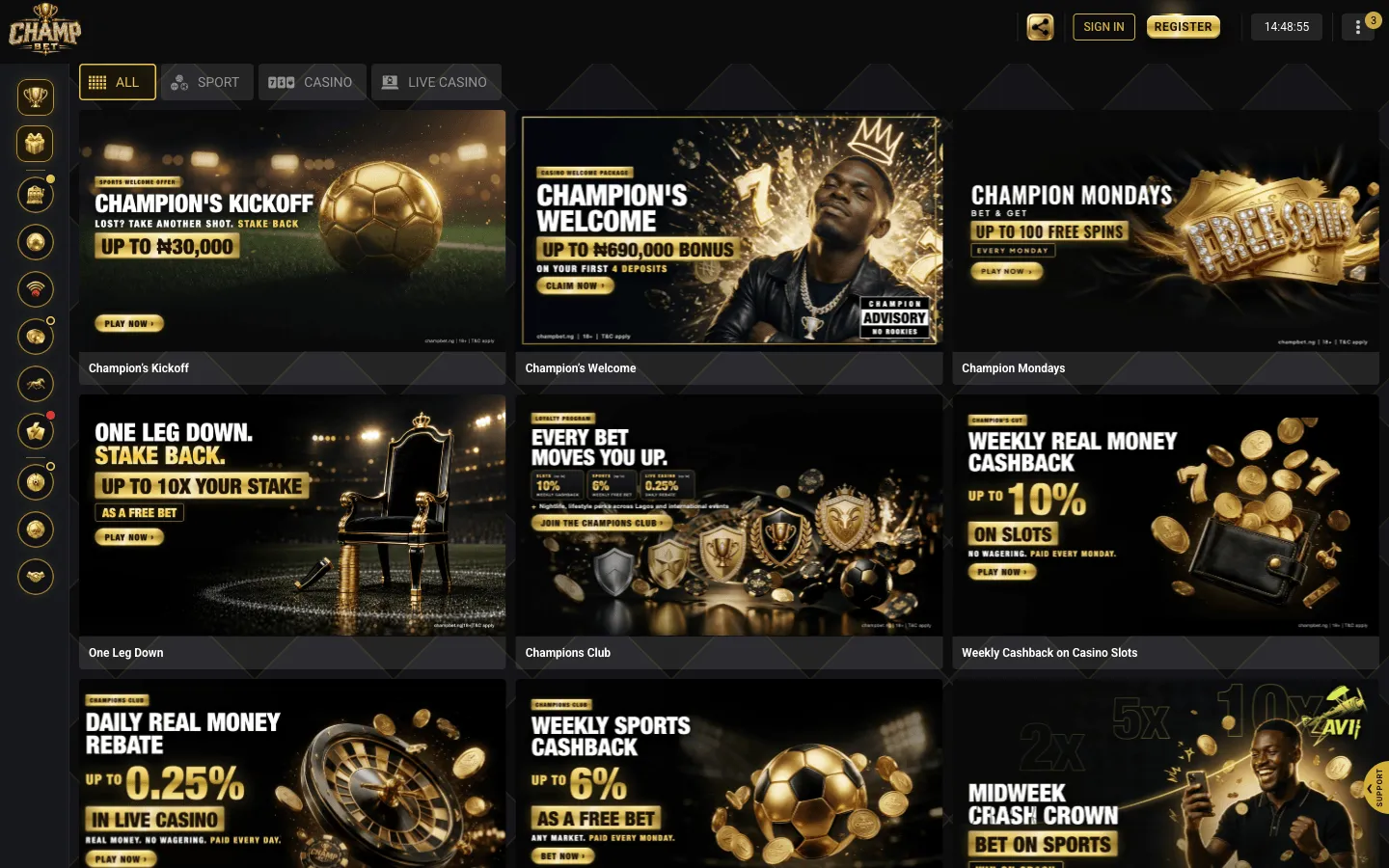 ChampBet promotions page with offer tiles including Midweek Crash Crown
