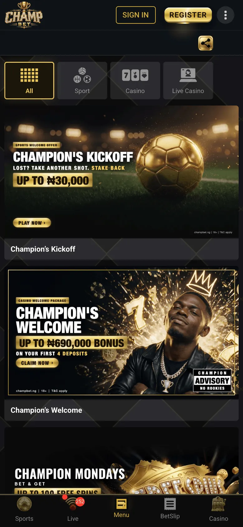 ChampBet mobile promotions page with All, Sport, Casino and Live Casino filters above the offer tiles