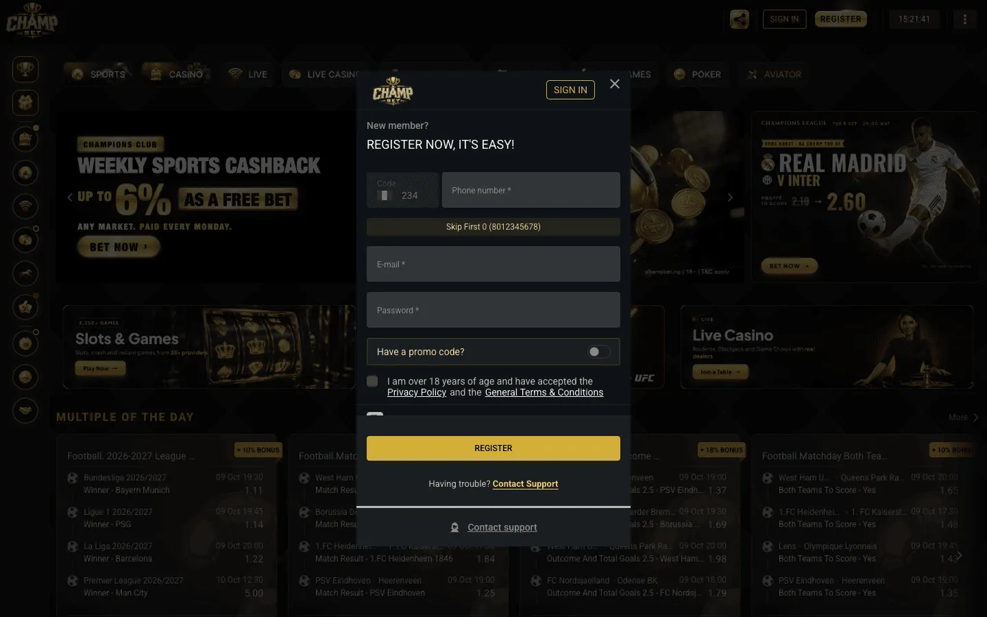 ChampBet registration pop-up on desktop with the +234 phone field, Skip First 0 hint, e-mail, password and promo code toggle
