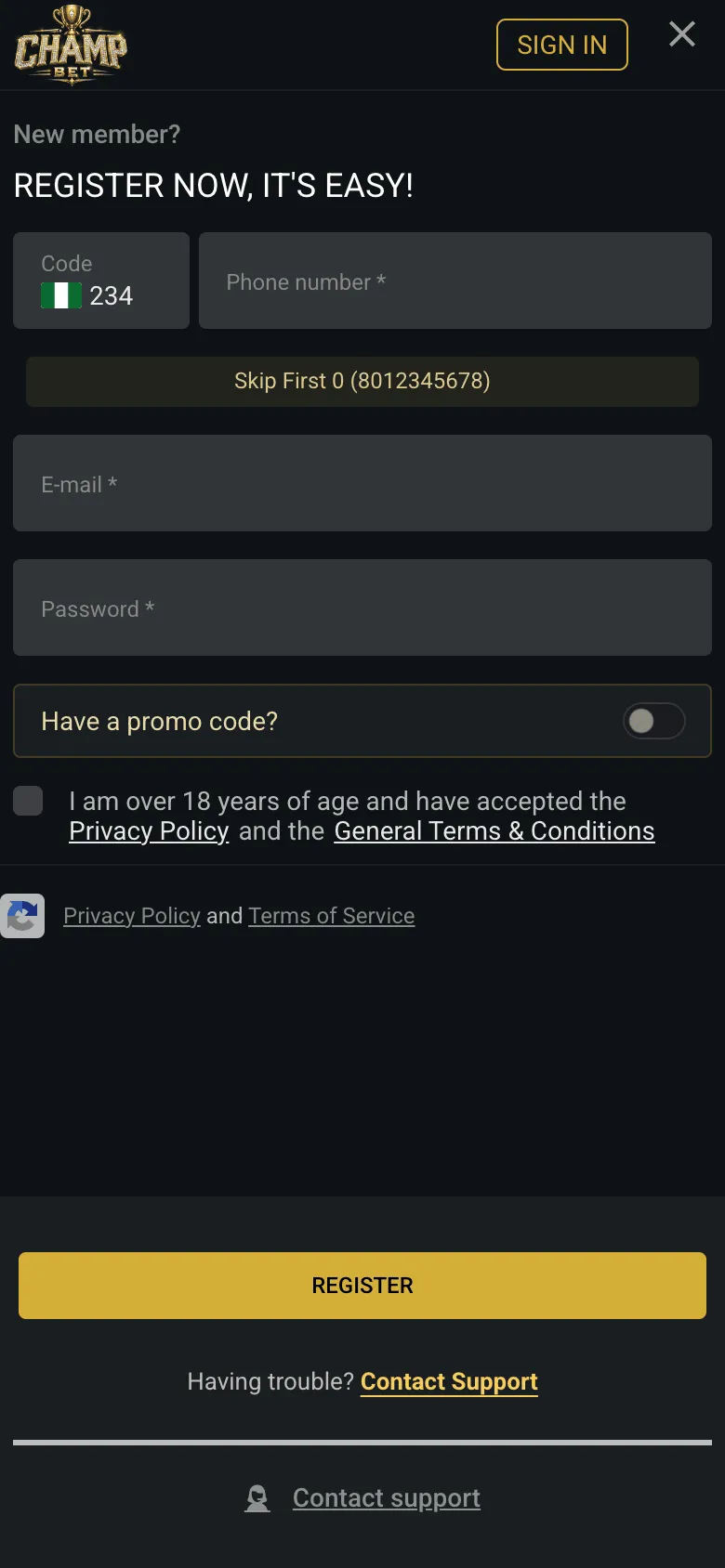 ChampBet registration form on mobile with the +234 phone field, e-mail, password, promo code toggle, over-18 checkbox and REGISTER button