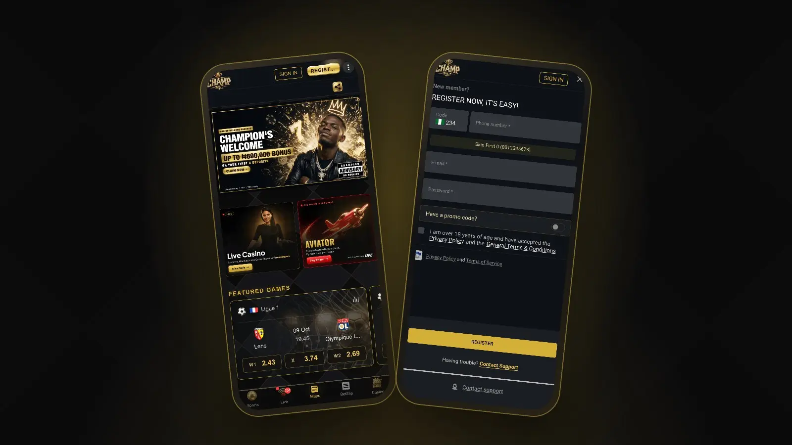 The ChampBet mobile homepage and the registration form shown on two phones