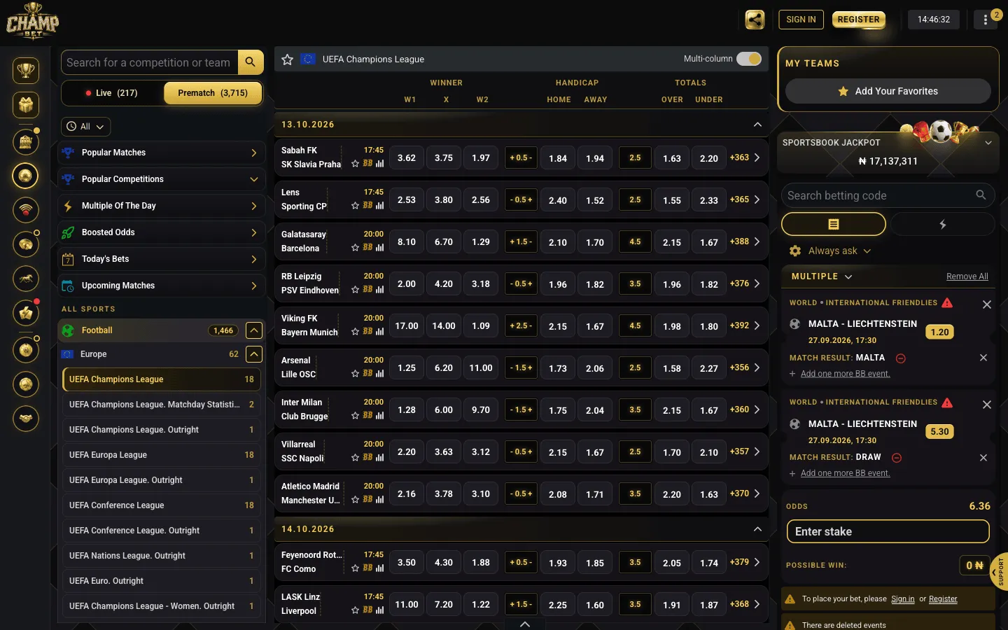 ChampBet sportsbook list with the gold BB icon on each Champions League match and Add one more BB event links in the slip
