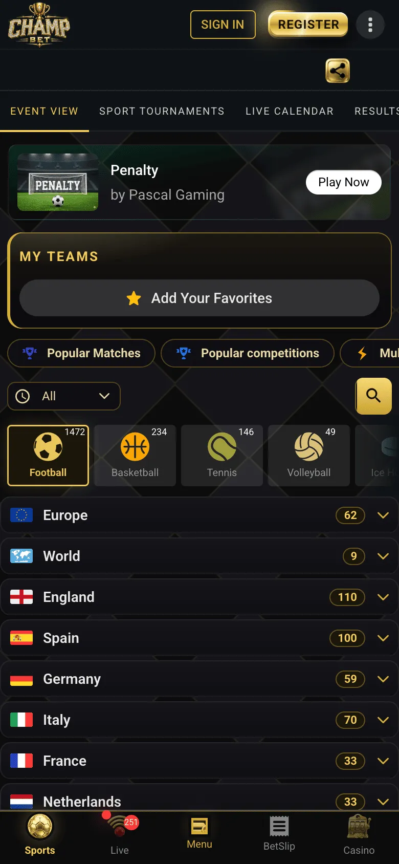ChampBet mobile sportsbook showing the football menu with a list of countries