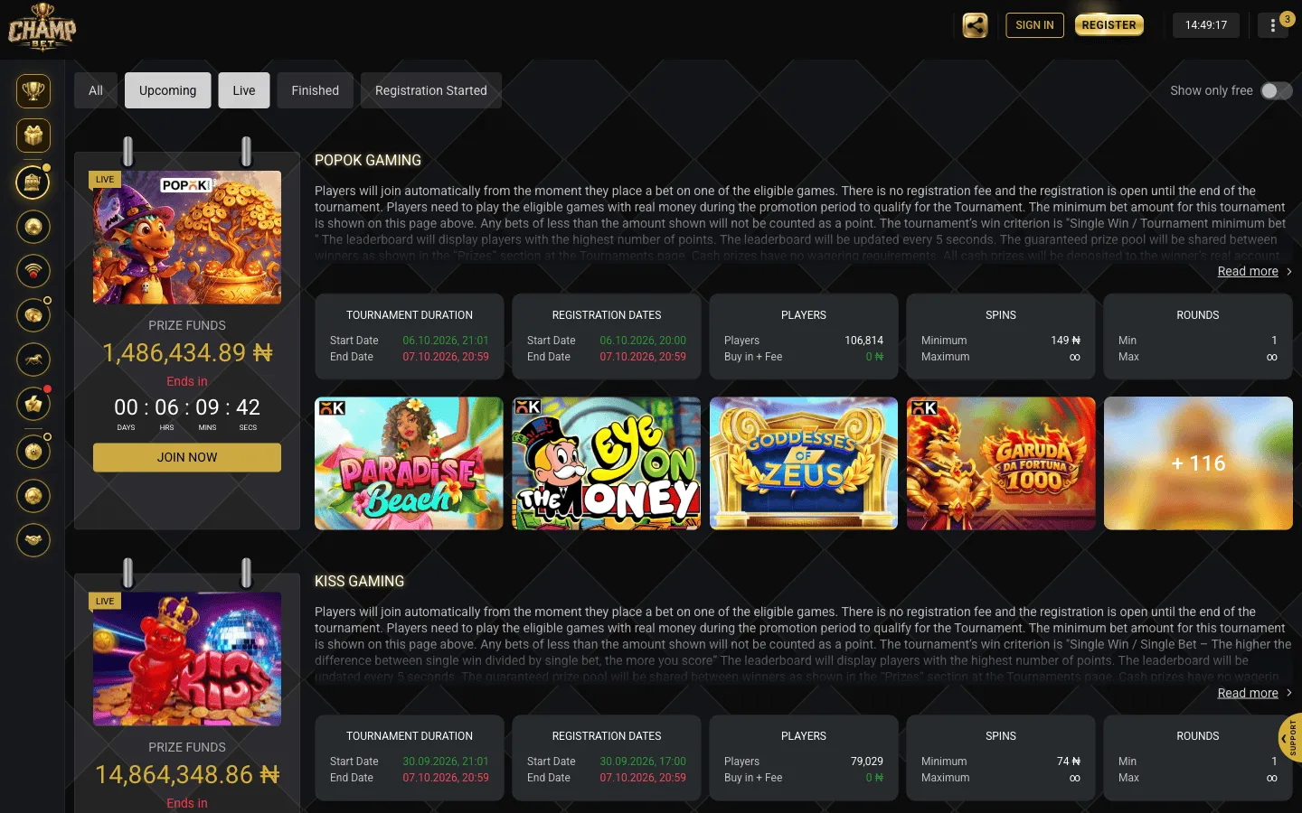 ChampBet casino tournaments page showing PopOK Gaming and KISS Gaming tournaments with prize funds, countdowns and rules