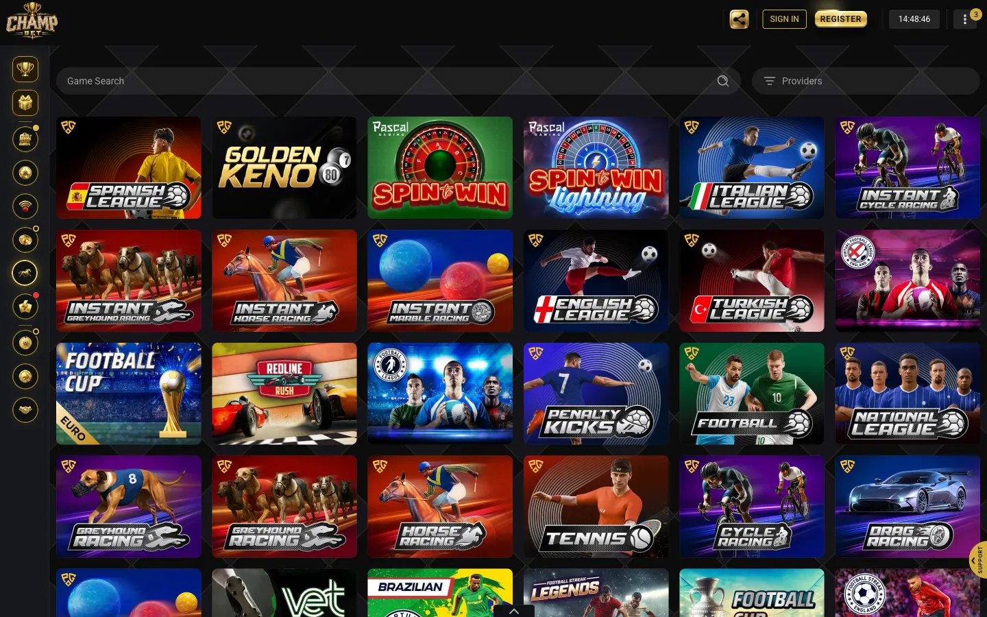 ChampBet virtual sports lobby showing tiles for virtual football leagues, penalty kicks, racing, tennis and keno games