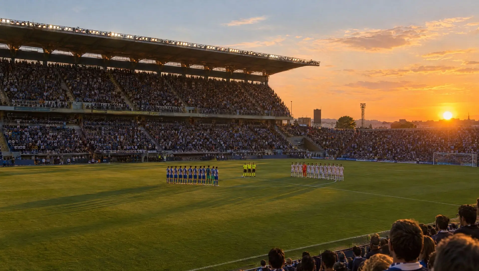 A Spanish football stadium bathed in evening light as players line up for kick-off