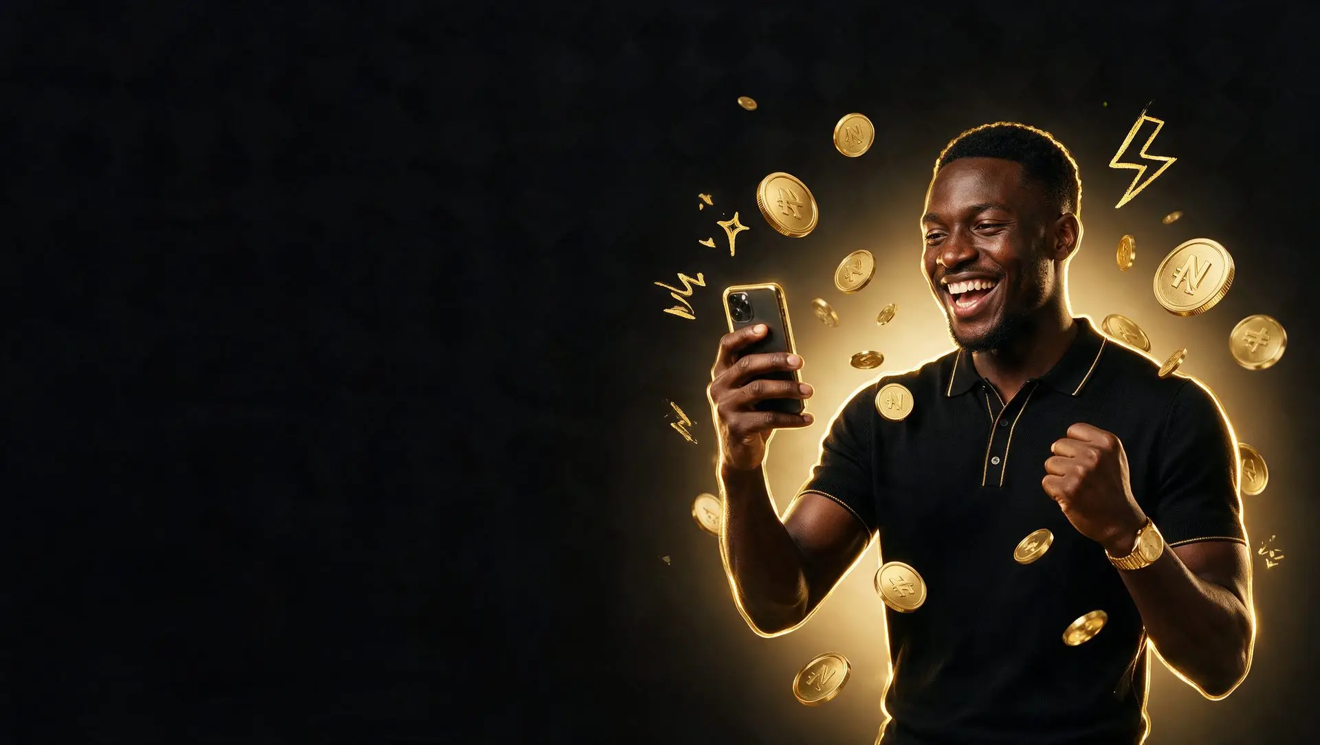 Smiling man celebrating with his phone as gold coins fly around him