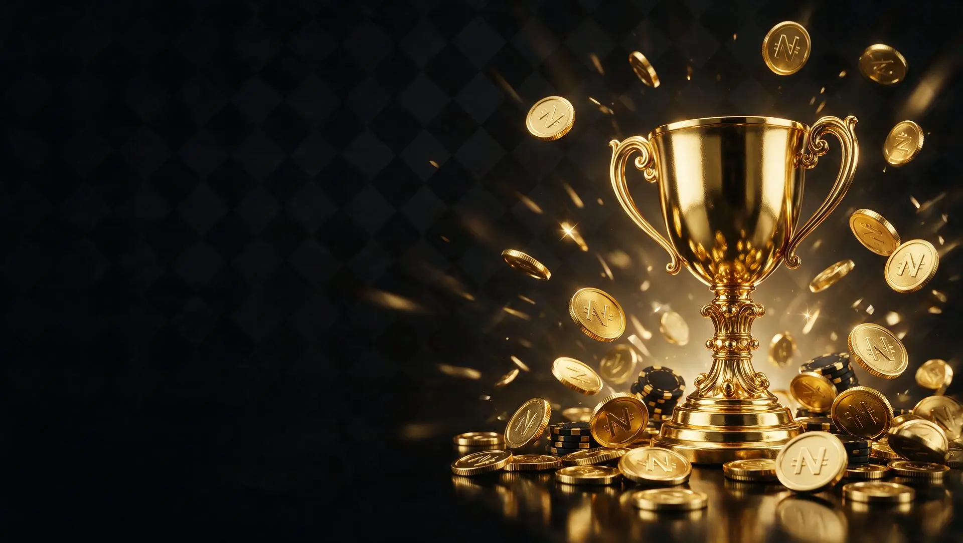 A gold trophy with gold coins bursting around it on a dark background