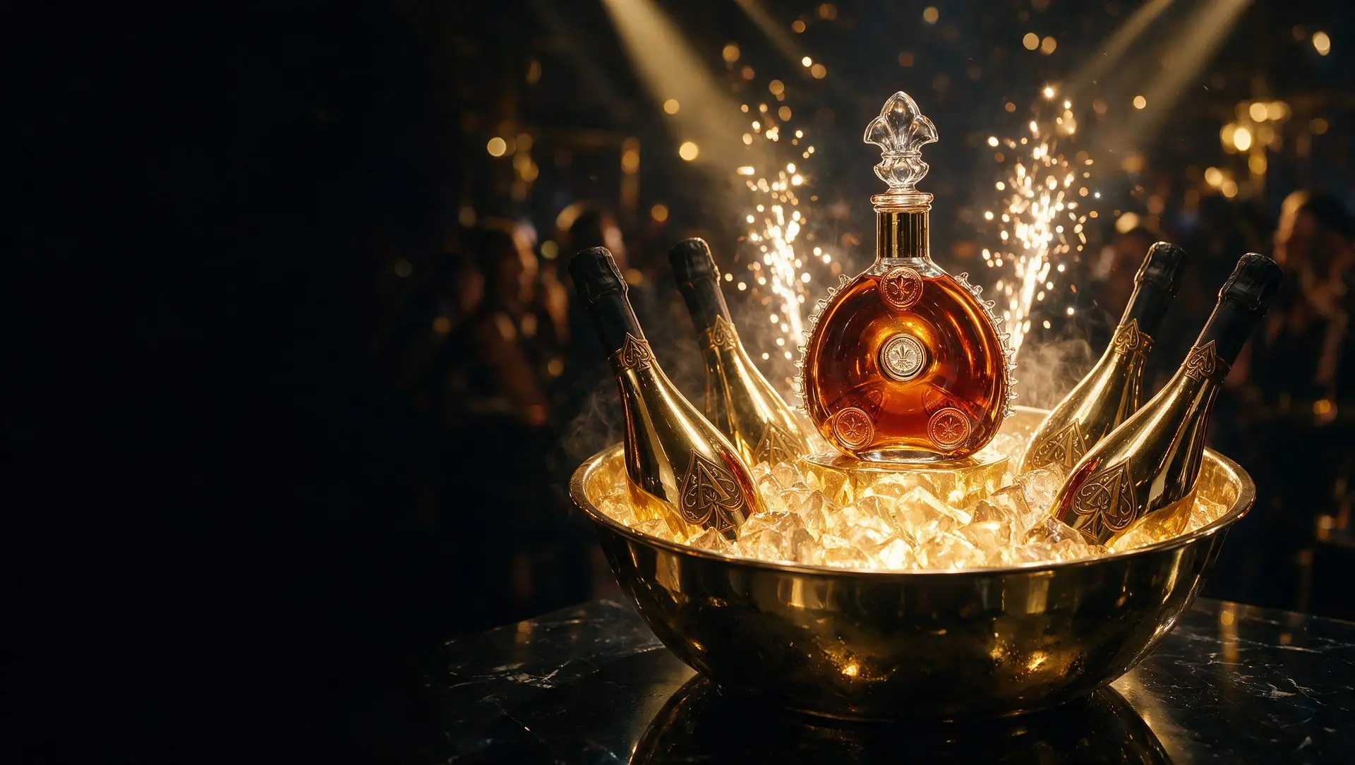 Champagne bottle in an ice bowl with sparklers on a dark table
