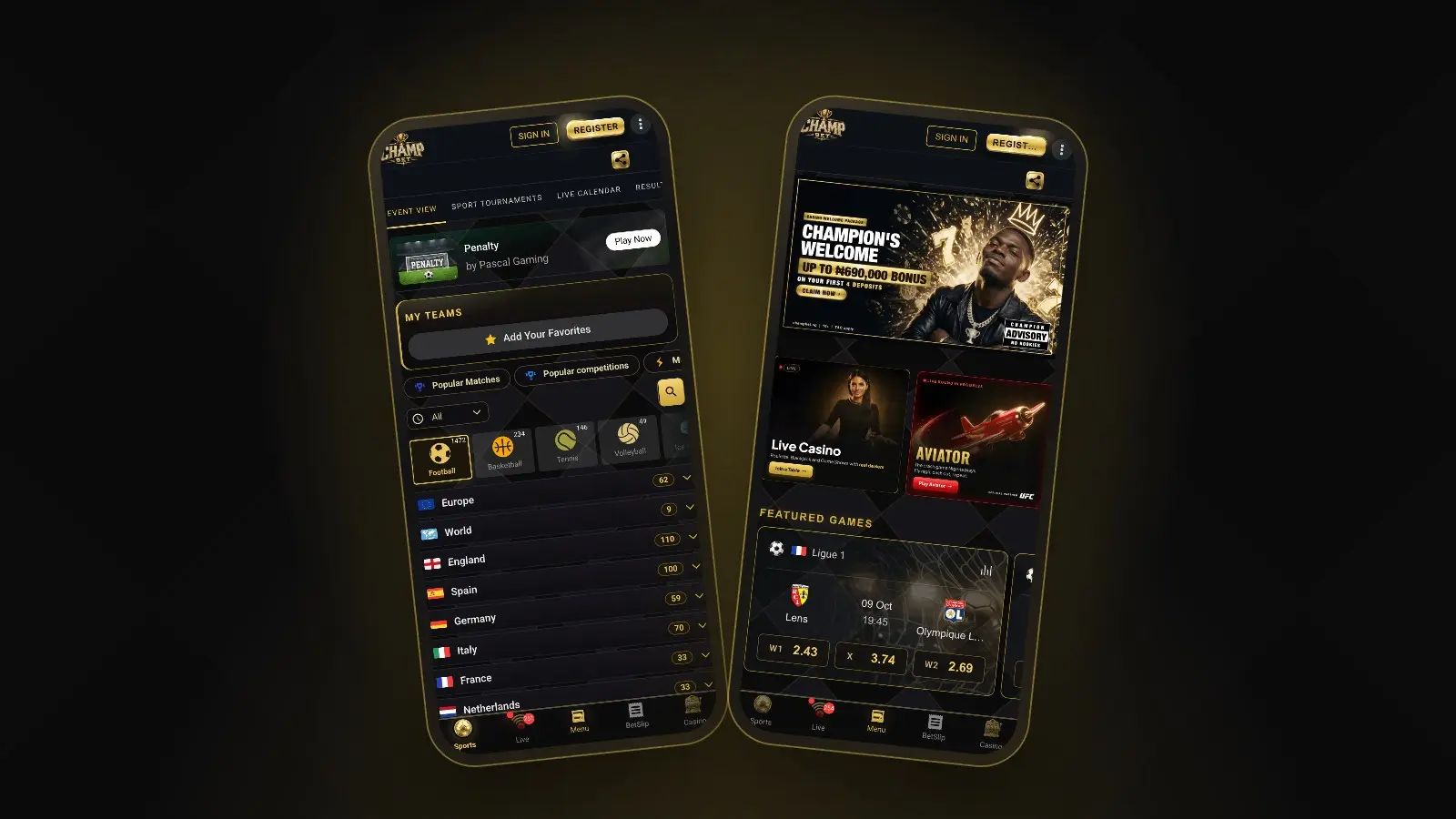 The ChampBet mobile sportsbook and homepage shown on two phones