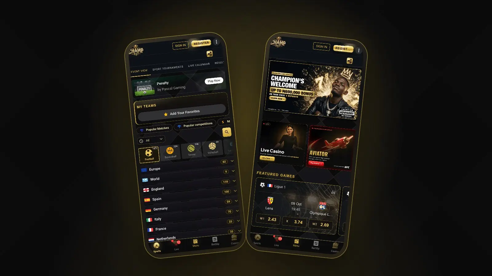 The ChampBet mobile sportsbook and homepage shown on two phones