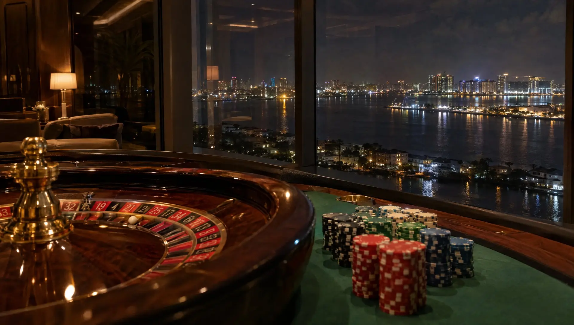 A roulette wheel and stacks of casino chips on a table with the Lagos skyline lit up through the window at night