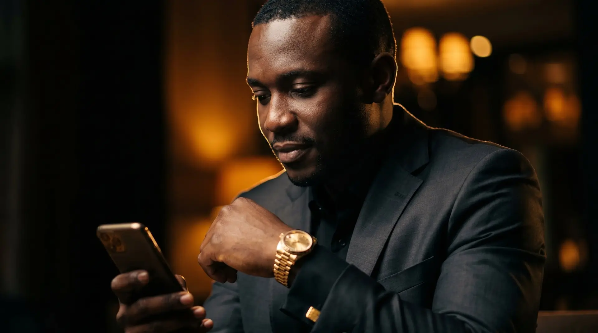 Well-dressed Nigerian man smiling at his phone in a lounge