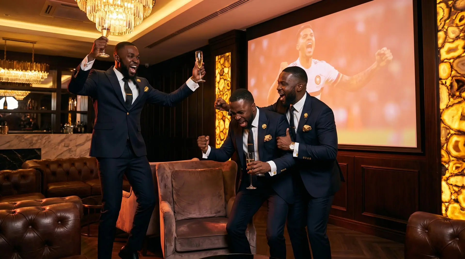 Friends celebrating a goal together in a VIP lounge with the match on a big screen